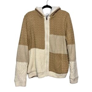 Zoe & Olivia Sherpa-Lined Patchwork‎ Zip Hoodie Cardigan XL Cozy Neut